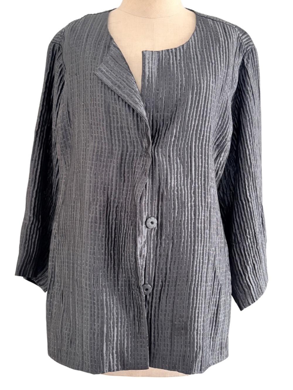 Eileen Fisher Textured Silk Thin Blazer Womens Large Gray Crinkled Snap